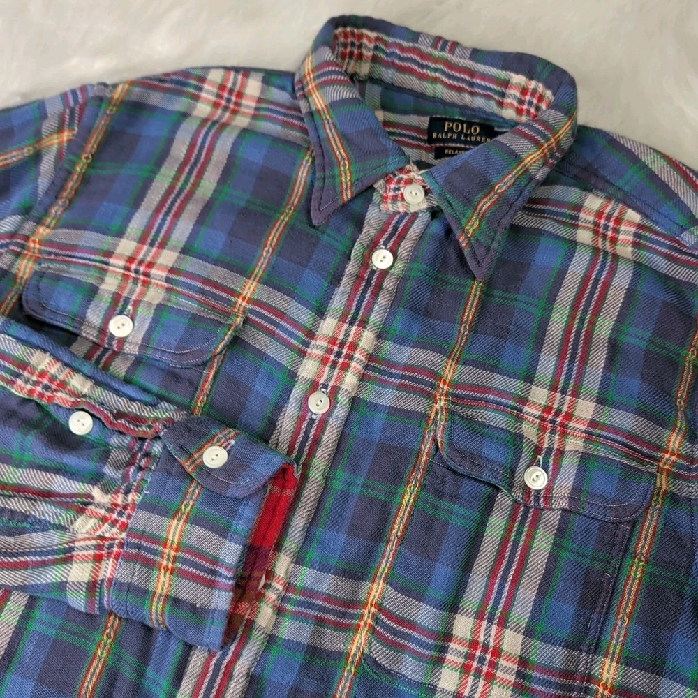 Polo Ralph Lauren Flannel Shirt Men XL Blue Plaid Relaxed Fit Long Sleeve Cotton